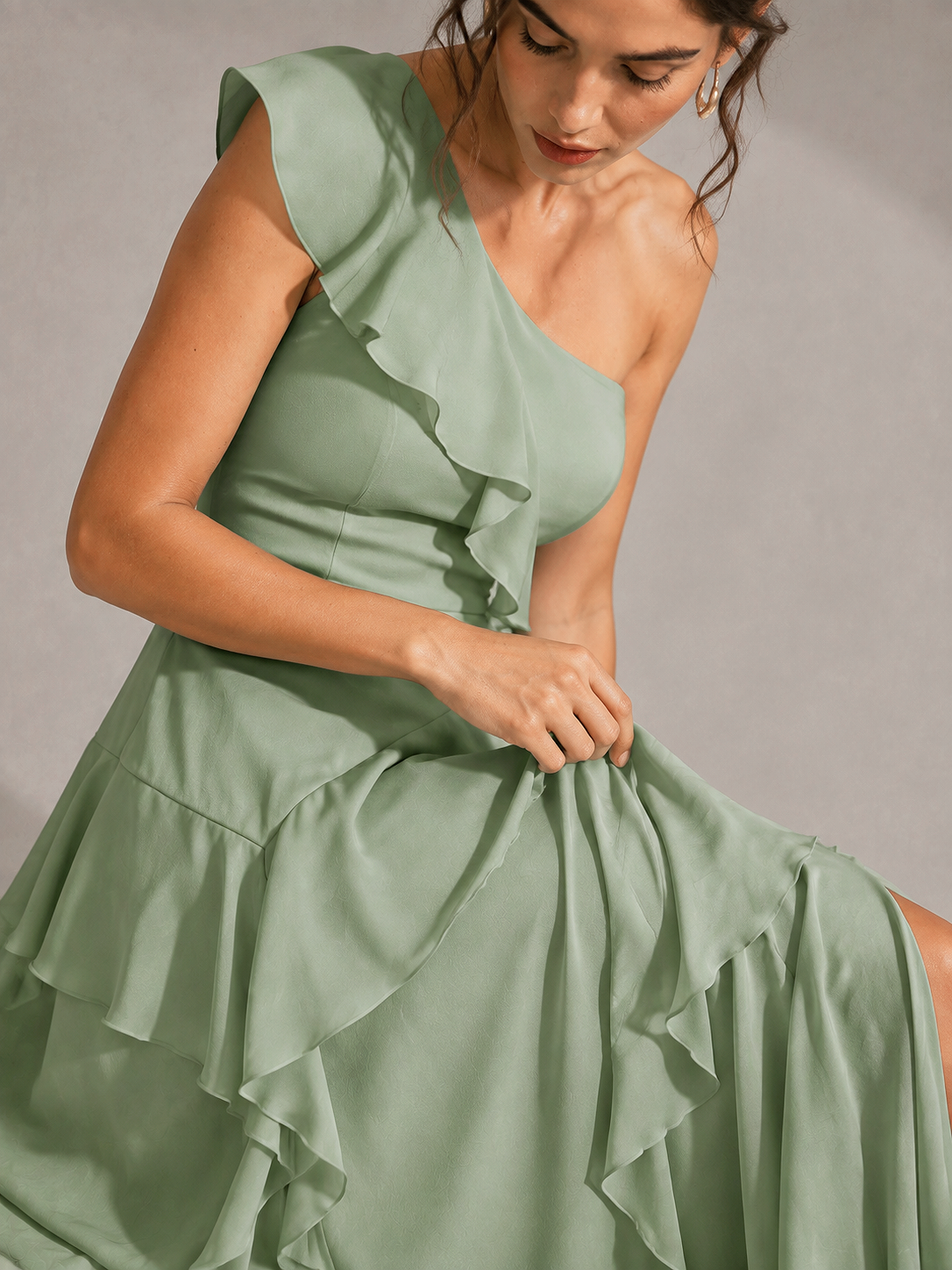 Sage Green One Shoulder Ruffle Bridesmaid Dress
