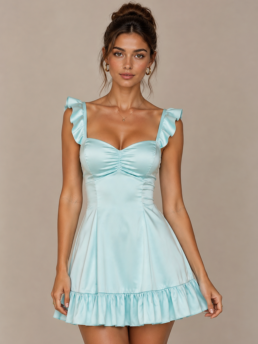 Light Blue Ruffle Mini Dress with Sweetheart Neckline
