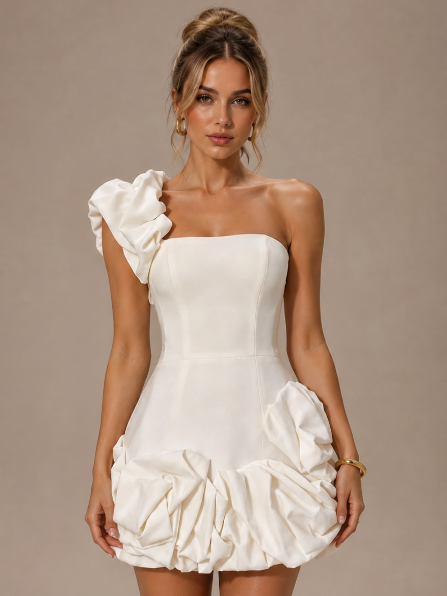 White One Shoulder Floral Ruffle Mini Dress