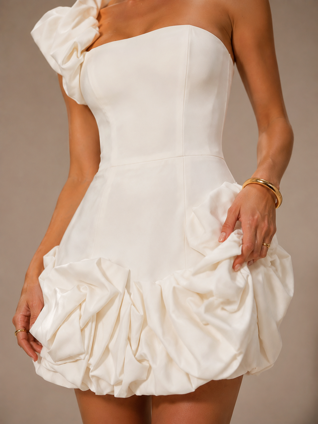 White One Shoulder Floral Ruffle Mini Dress