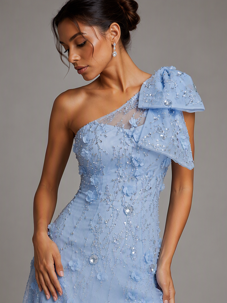 Light Blue Floral Embellished Sequin Maxi Dress