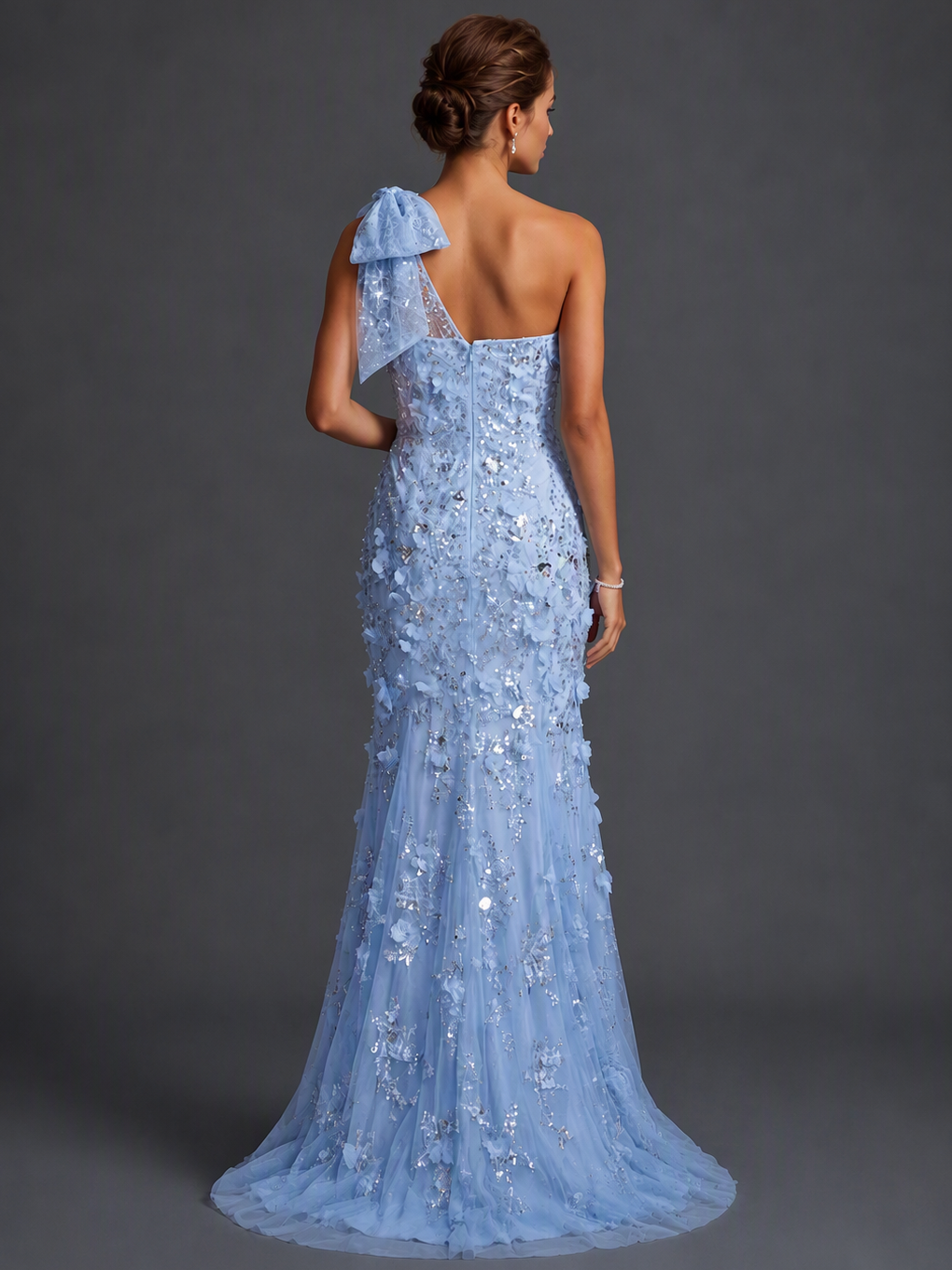 Light Blue Floral Embellished Sequin Maxi Dress