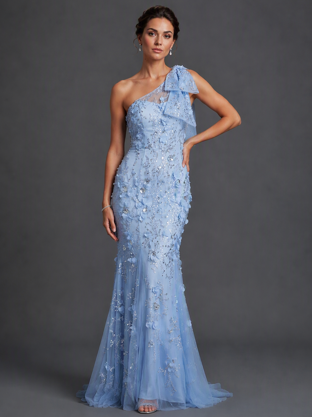 Light Blue Floral Embellished Sequin Maxi Dress