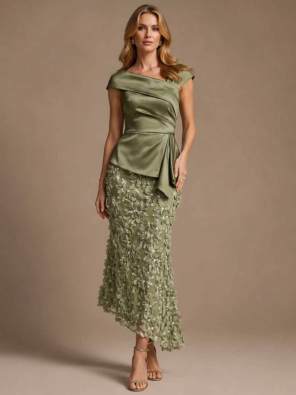 Sage Green Floral Embroidered Midi Dress