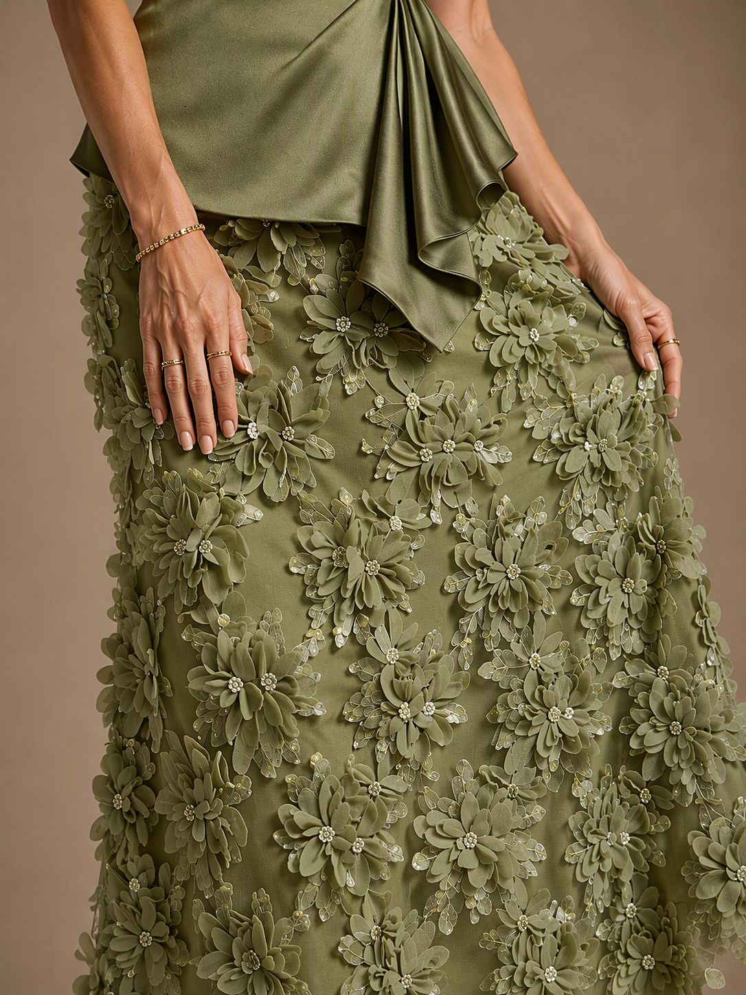 Sage Green Floral Embroidered Midi Dress