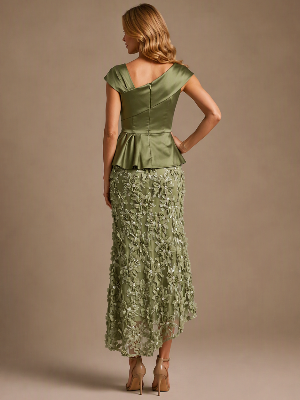 Sage Green Floral Embroidered Midi Dress