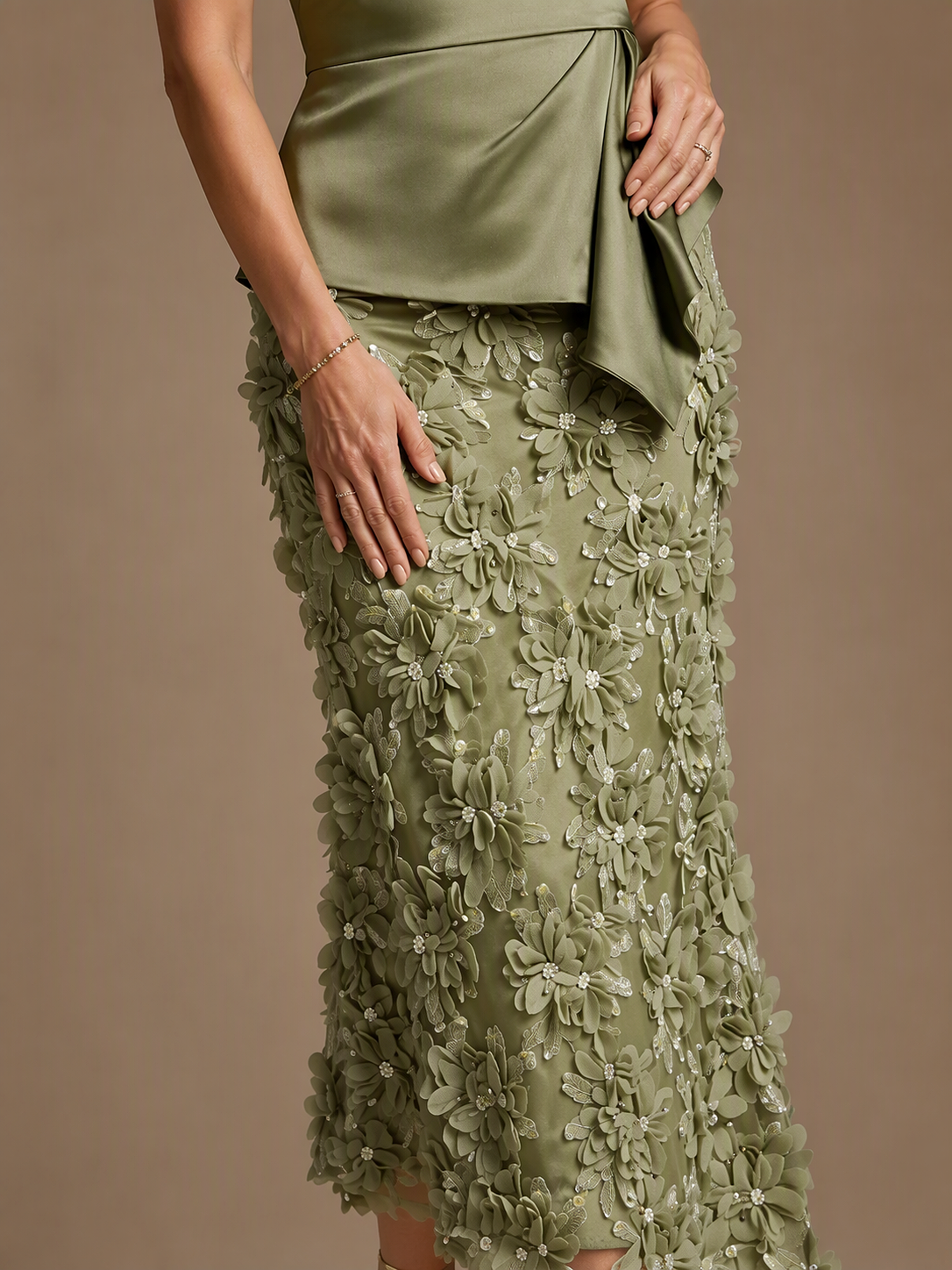 Sage Green Floral Embroidered Midi Dress