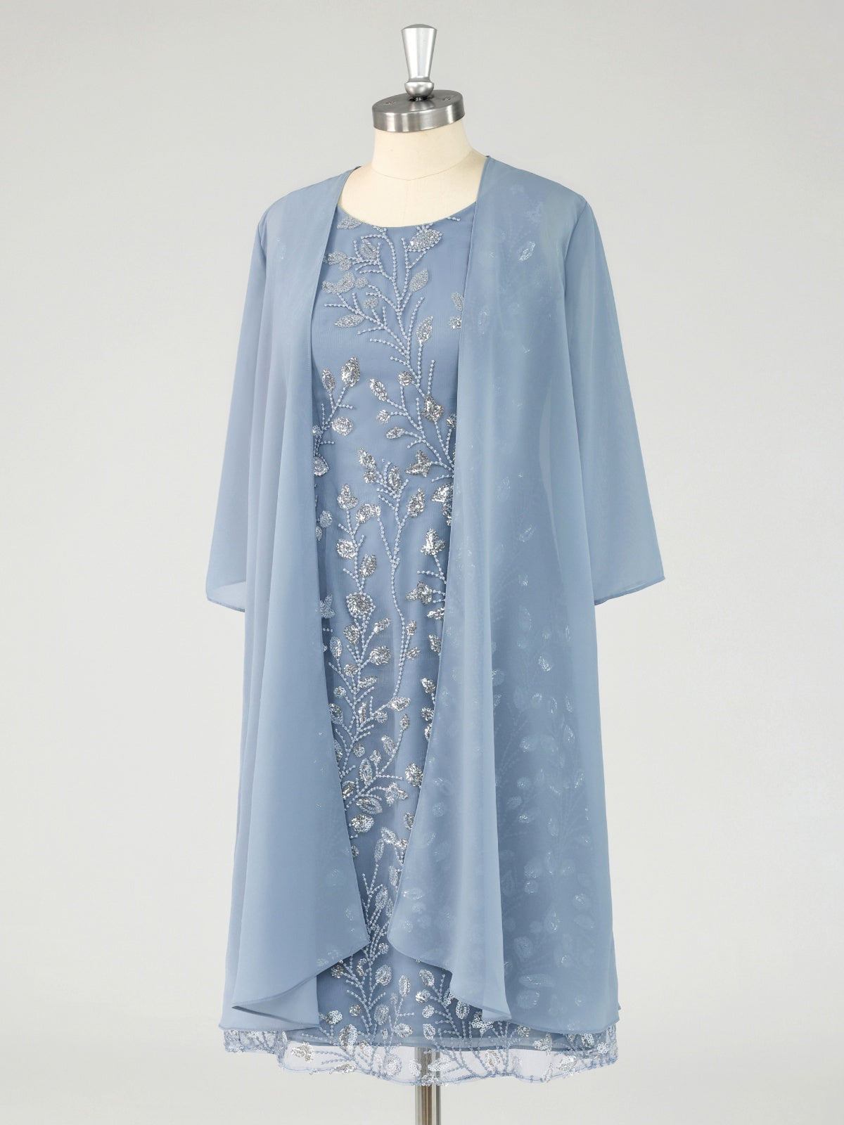 Dusty Blue Applique Mother of the Bride Dress with Cape Overlay
