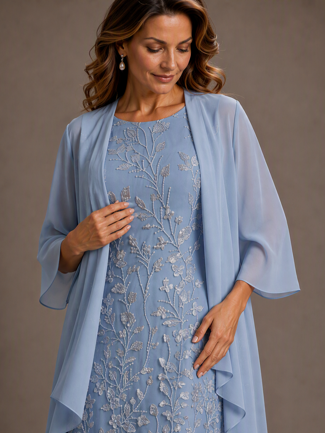 Dusty Blue Applique Mother of the Bride Dress with Cape Overlay