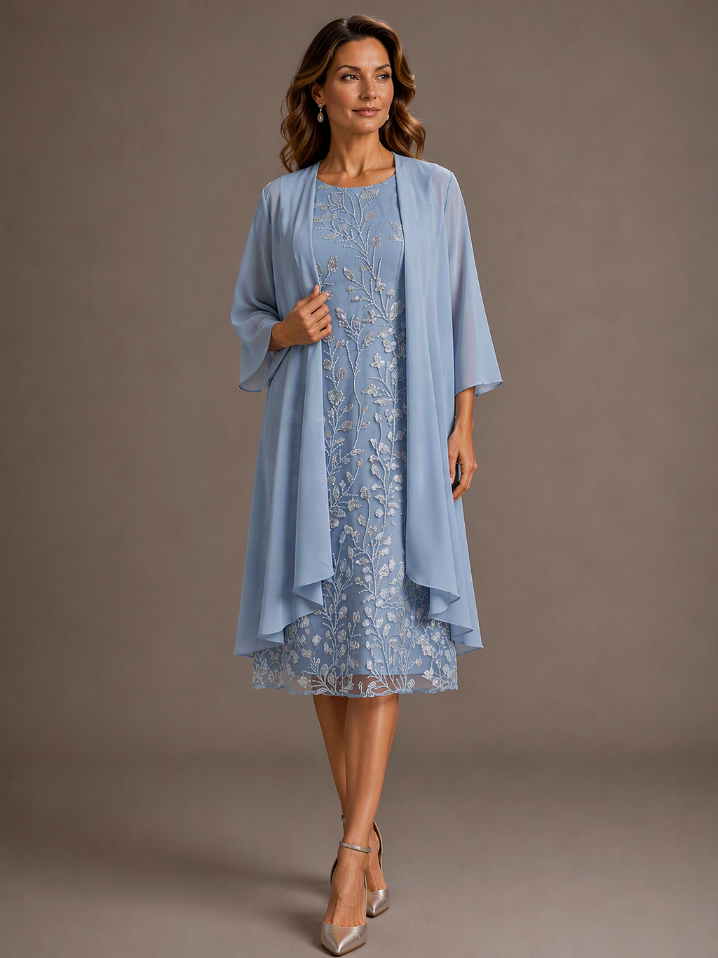 Dusty Blue Applique Mother of the Bride Dress with Cape Overlay