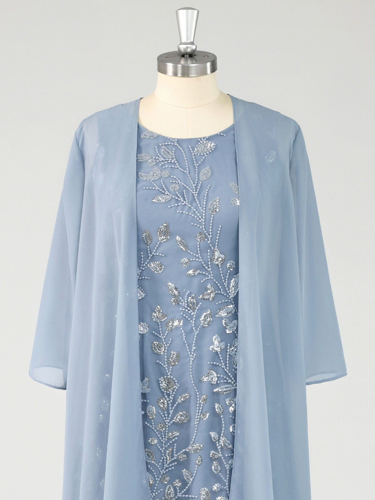 Dusty Blue Applique Mother of the Bride Dress with Cape Overlay