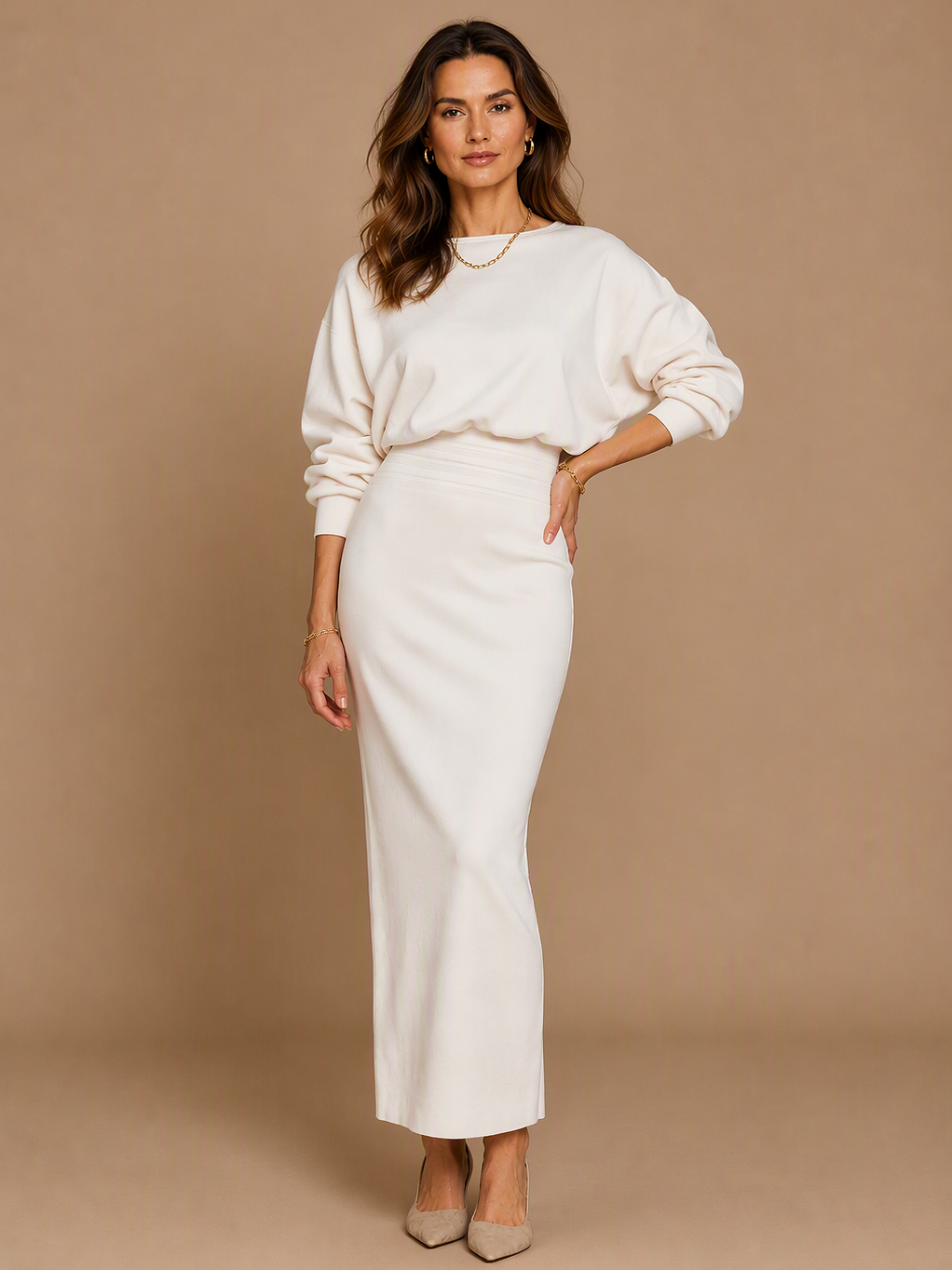 Ivory Long Sleeve Midi Dress with Draped Waist