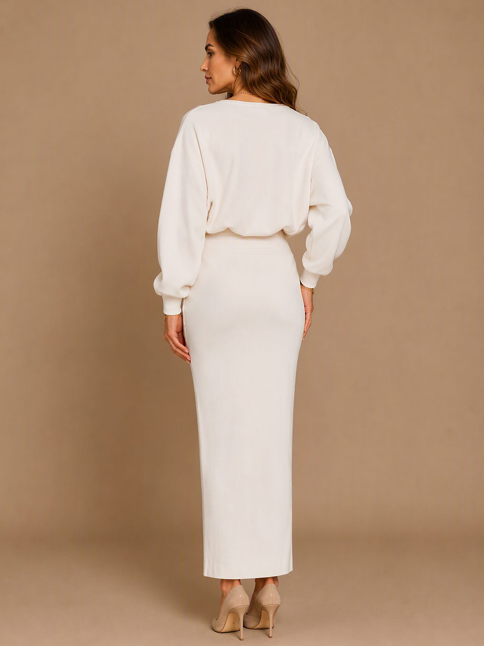 Ivory Long Sleeve Midi Dress with Draped Waist