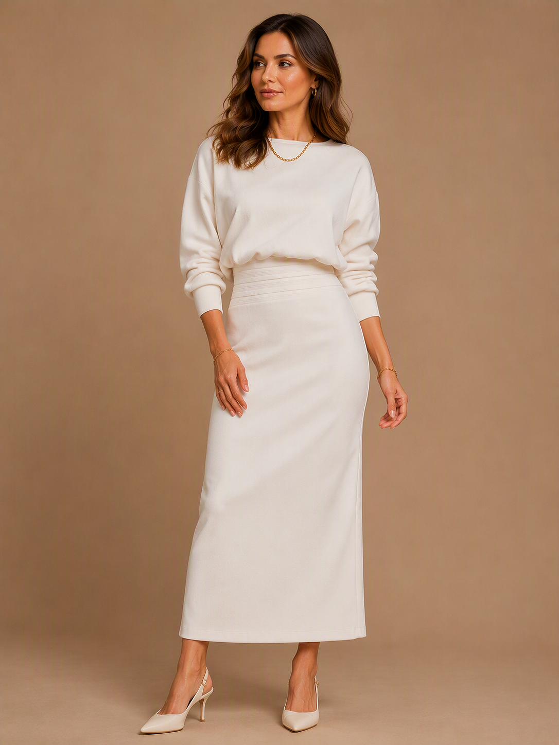 Ivory Long Sleeve Midi Dress with Draped Waist