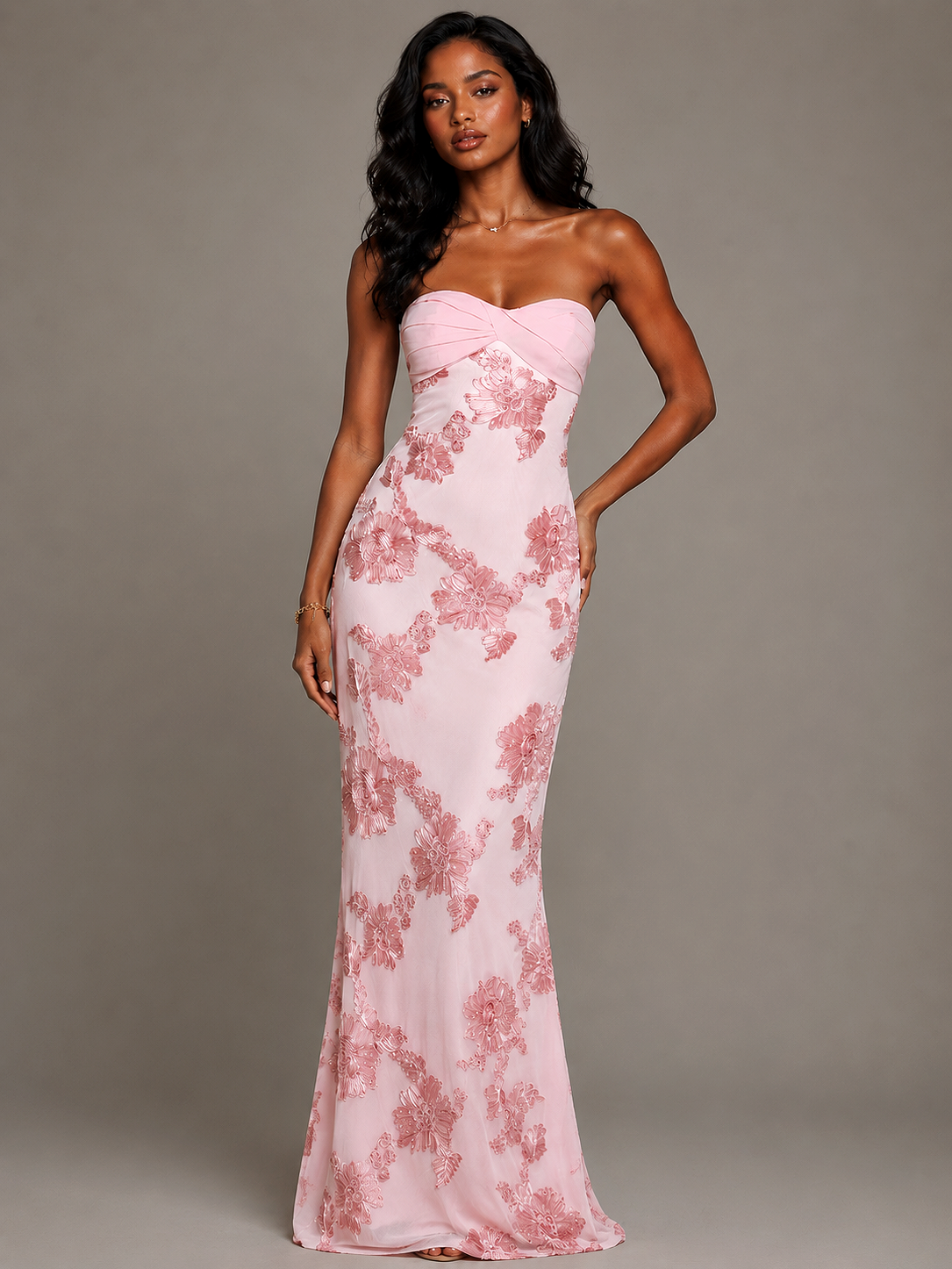 Blush Pink Strapless Floral Applique Maxi Dress