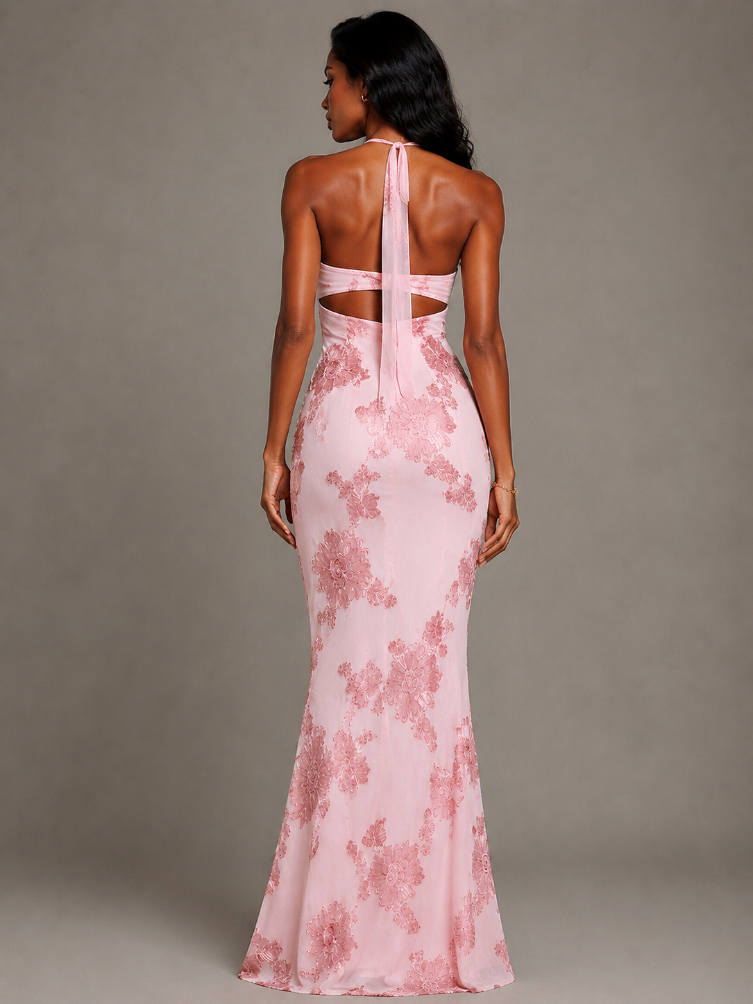 Blush Pink Strapless Floral Applique Maxi Dress