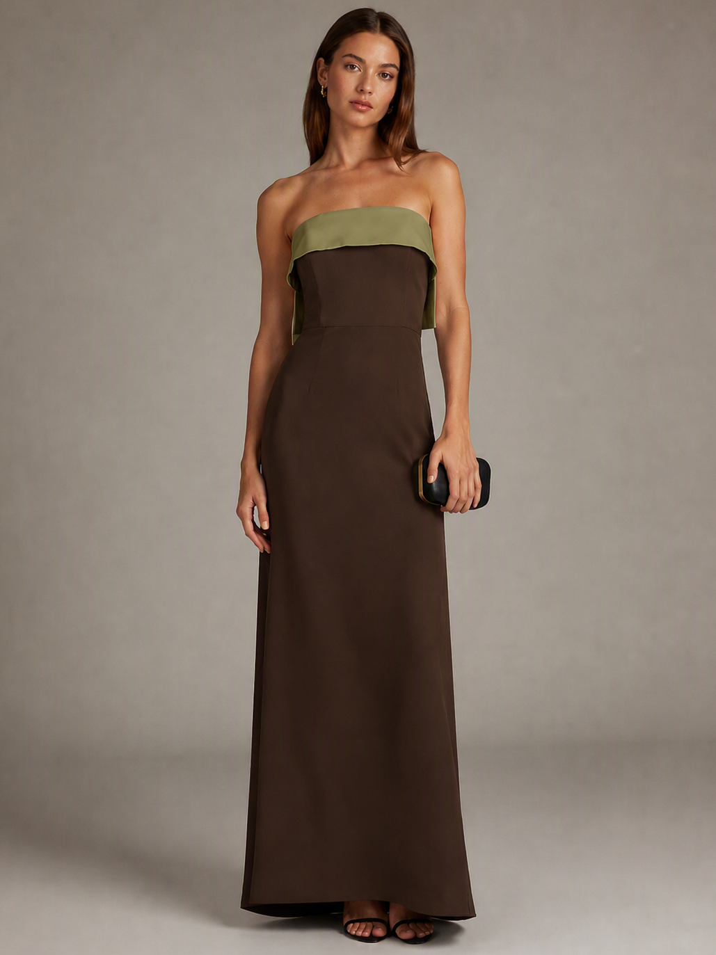 Burgundy and Blue Strapless Satin A-Line Maxi Dress