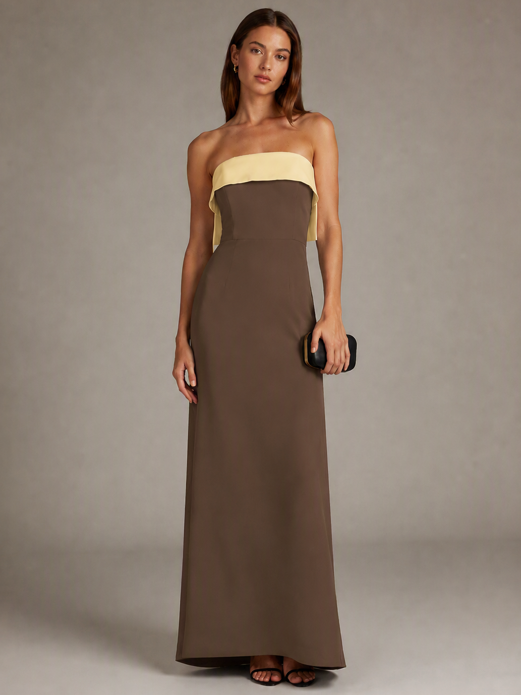 Burgundy and Blue Strapless Satin A-Line Maxi Dress