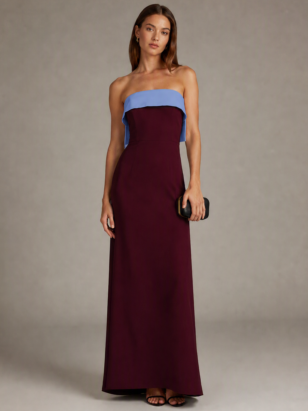 Burgundy and Blue Strapless Satin A-Line Maxi Dress