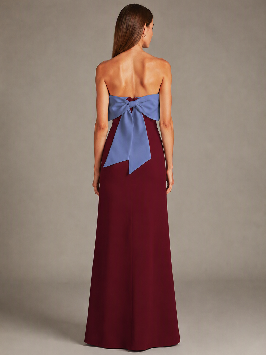 Burgundy and Blue Strapless Satin A-Line Maxi Dress