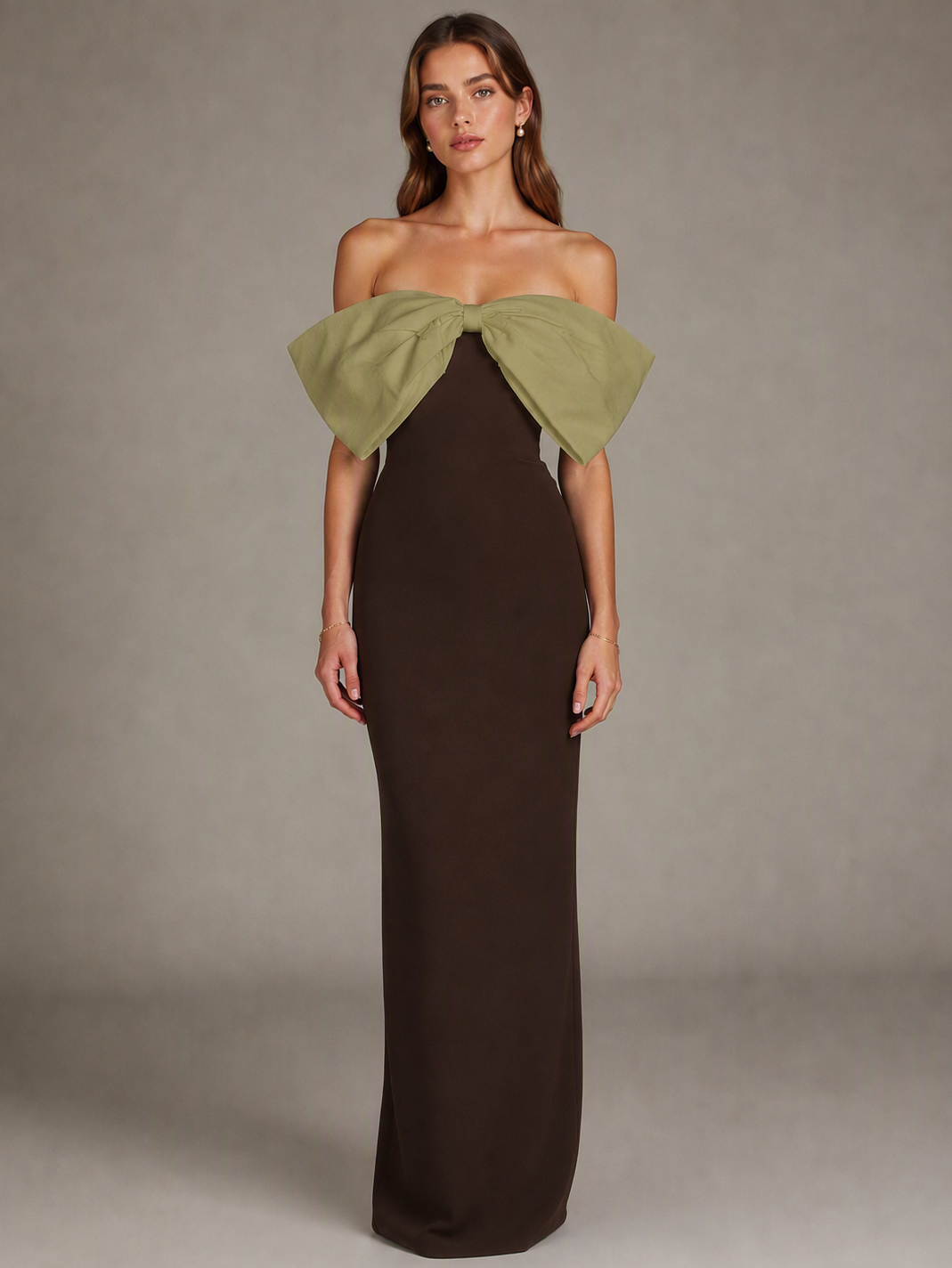 Brown and Yellow Bow Detail Maxi Dress