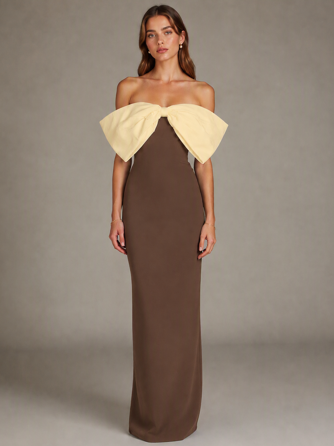 Brown and Yellow Bow Detail Maxi Dress