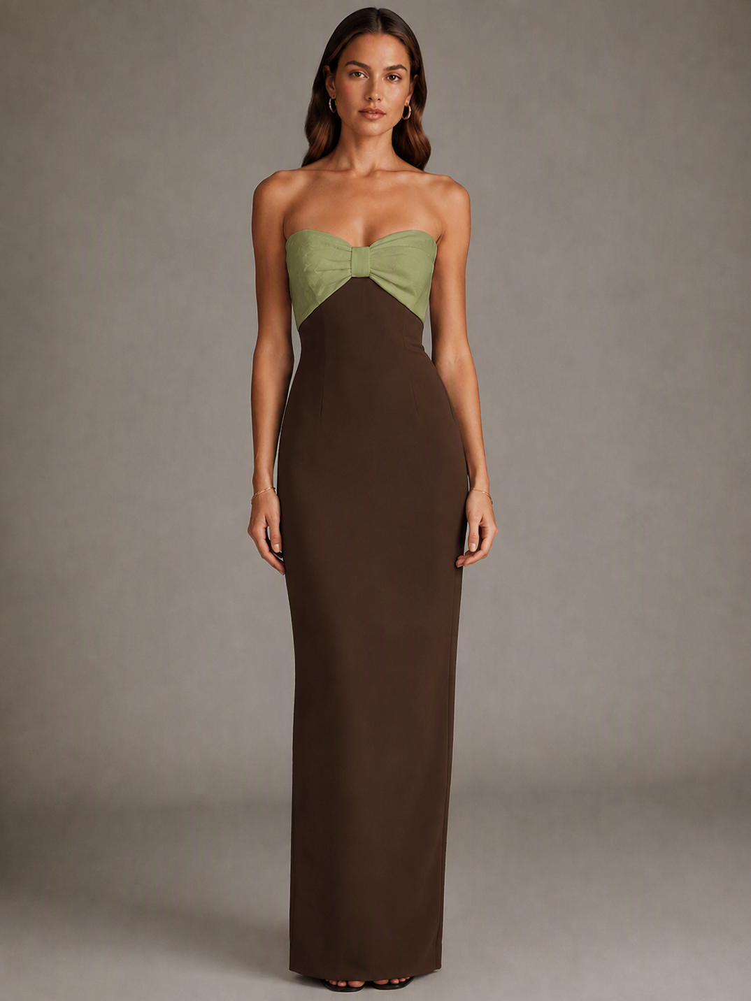 Brown and Yellow Sheath Maxi Dress with Bow