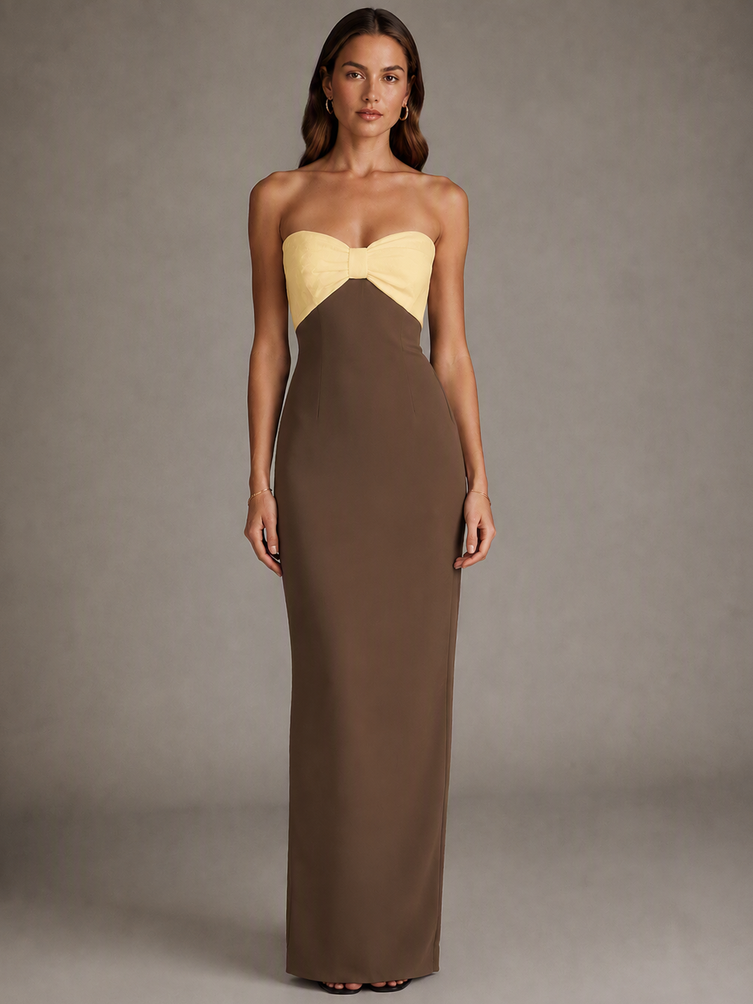Brown and Yellow Sheath Maxi Dress with Bow