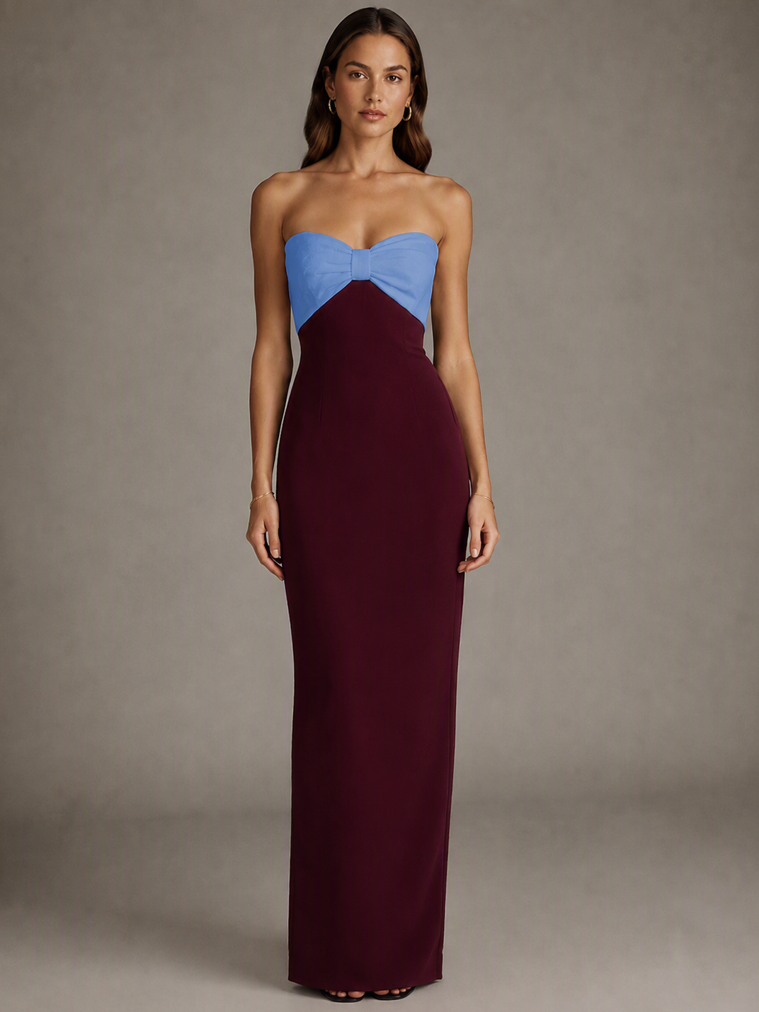 Brown and Yellow Sheath Maxi Dress with Bow