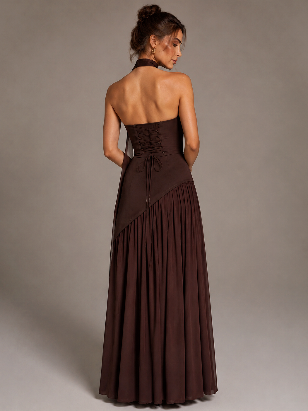 Brown Strapless Satin Maxi Dress with Side Slit