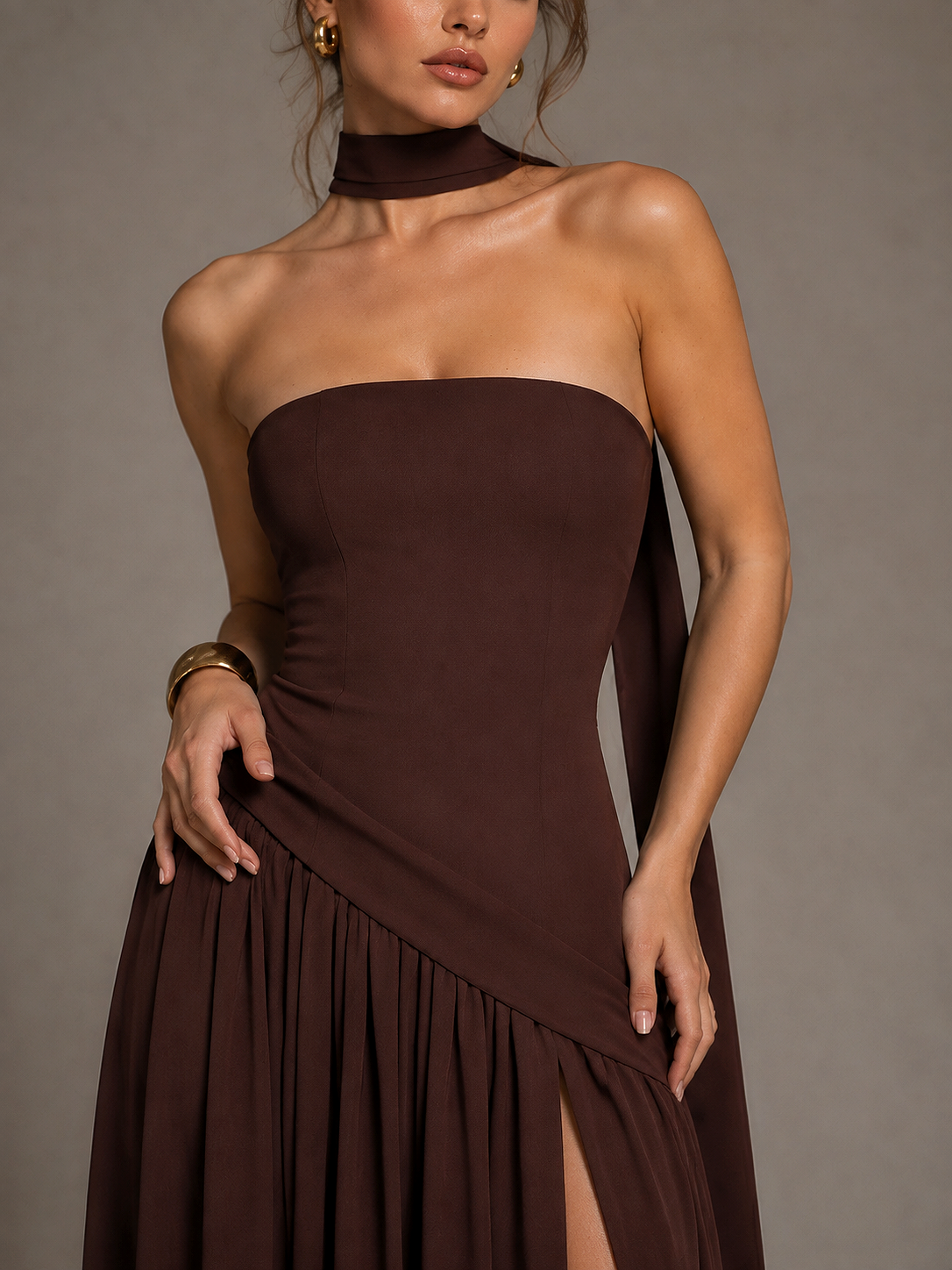 Brown Strapless Satin Maxi Dress with Side Slit