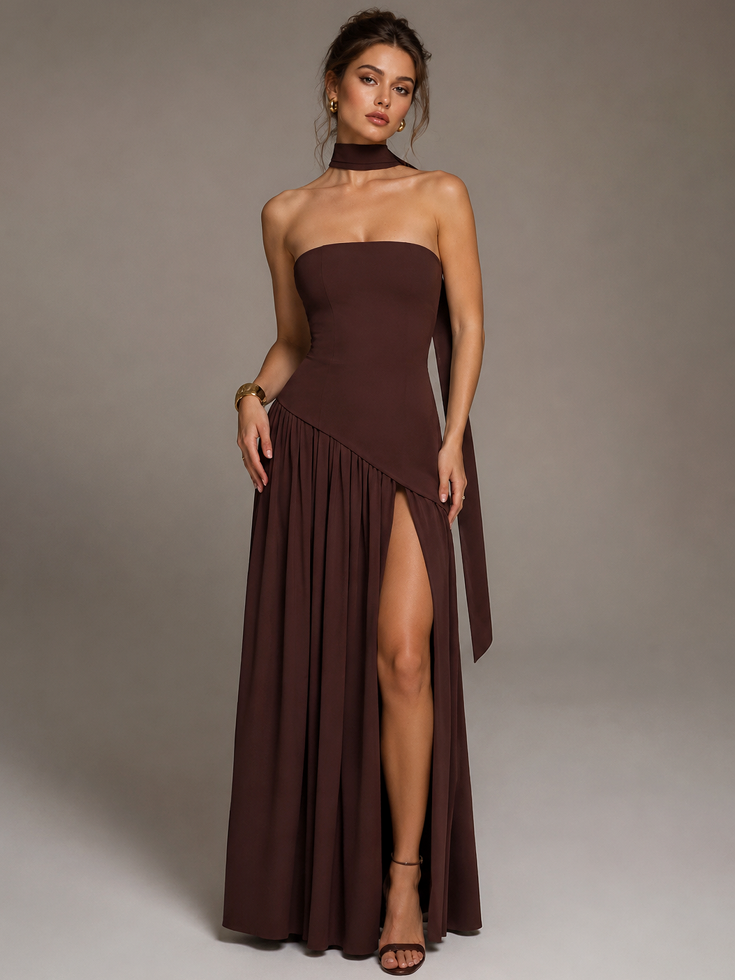 Brown Strapless Satin Maxi Dress with Side Slit