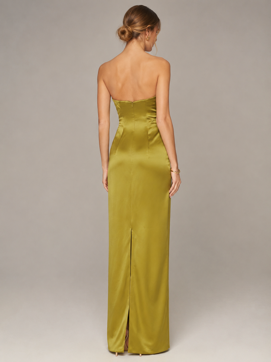 Olive Green Strapless Satin Maxi Dress