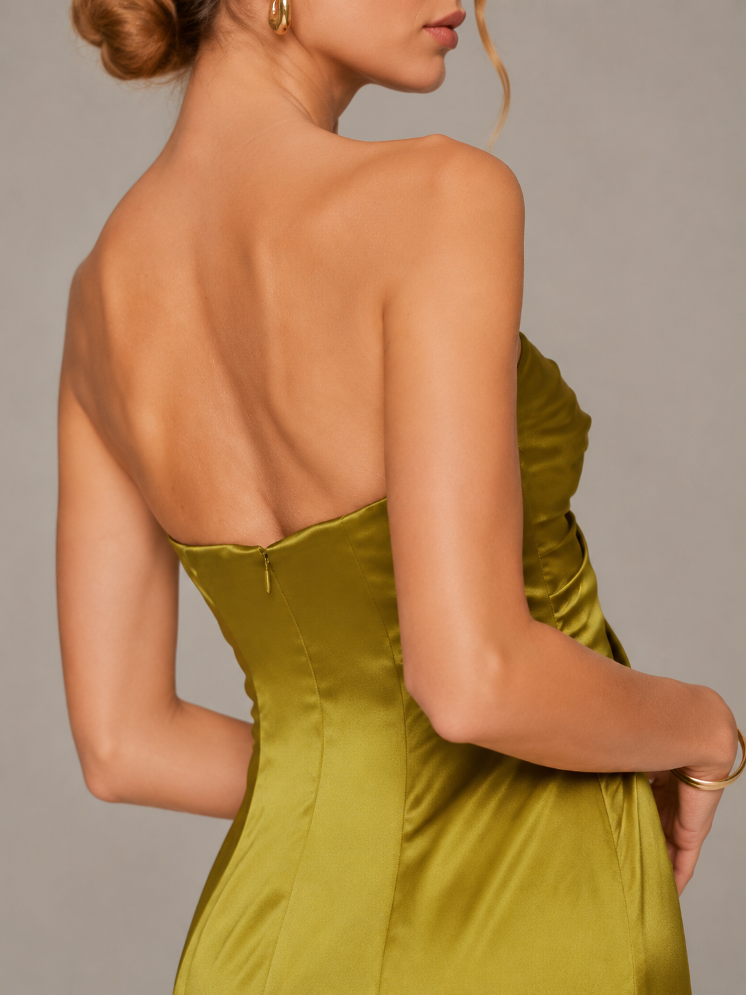 Olive Green Strapless Satin Maxi Dress