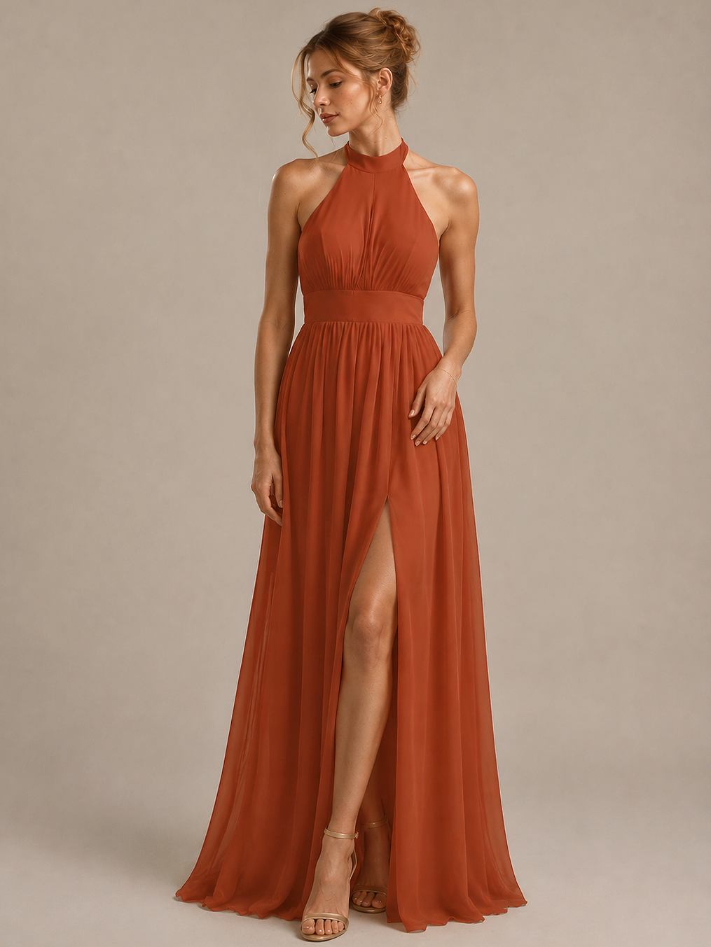 Burnt Orange Halter Neck Chiffon Maxi Dress
