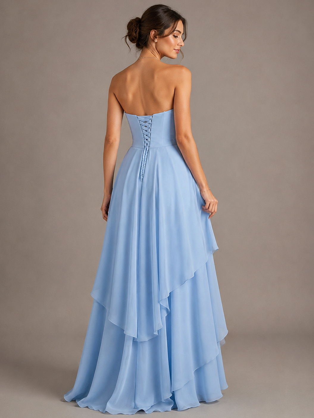 Light Blue Strapless Ruffle A-Line Maxi Dress