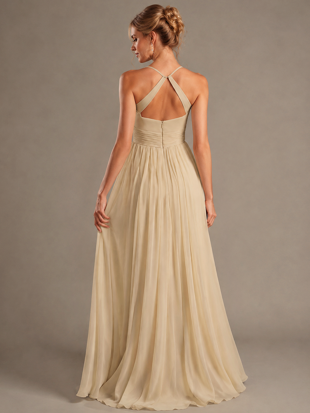 Champagne Pleated A-Line Maxi Dress