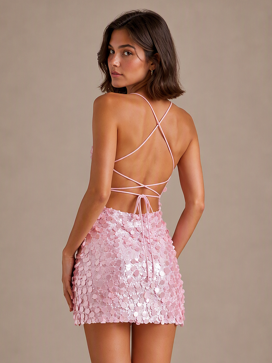 Pink Sequin Spaghetti Strap Mini Dress