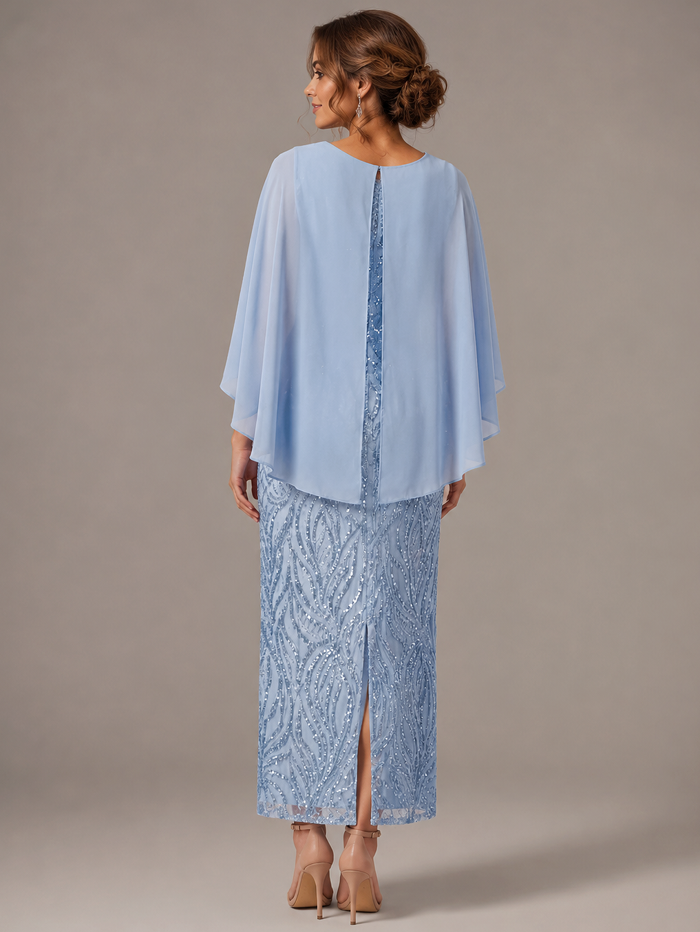 Dusty Blue Sequin Cape Maxi Dress