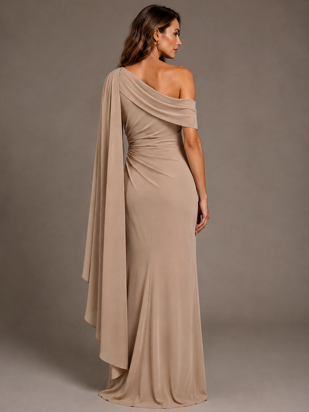 Taupe One Shoulder Cape Maxi Dress