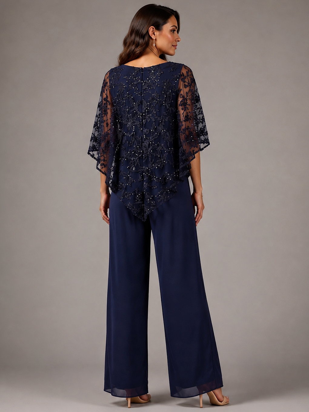Navy Blue Sequin Chiffon Jumpsuit