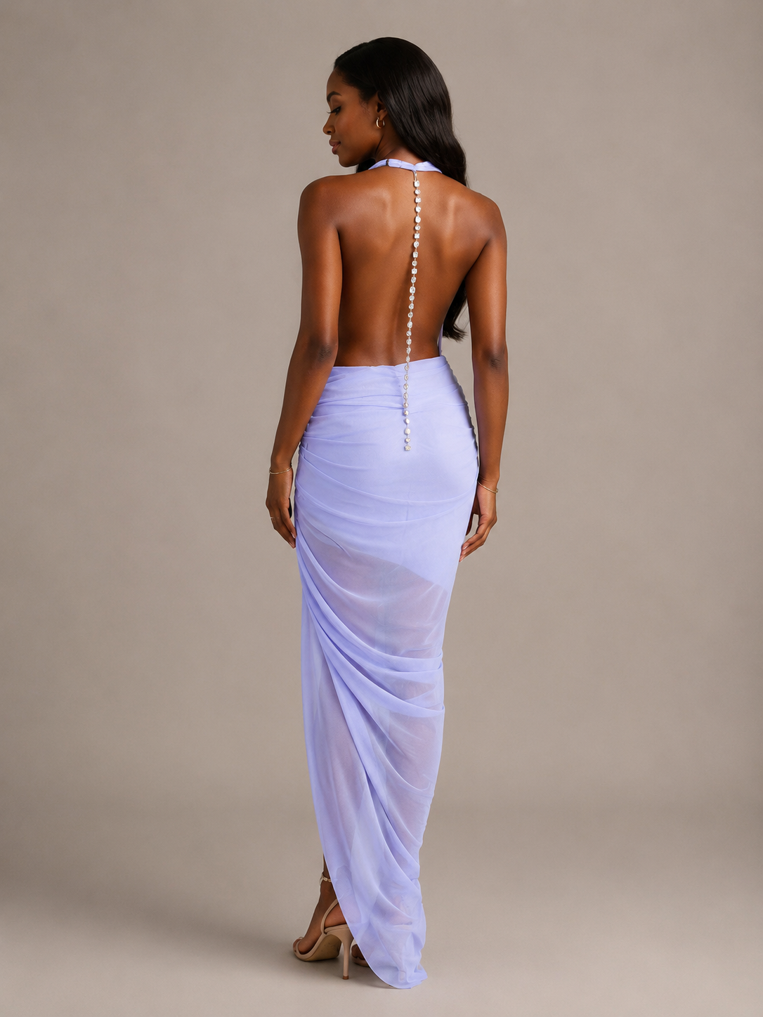 Lavender Draped Halter Ruched Mermaid Maxi Dress
