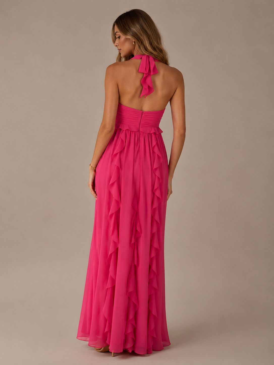 Hot Pink Halter Ruffles Maxi Dress