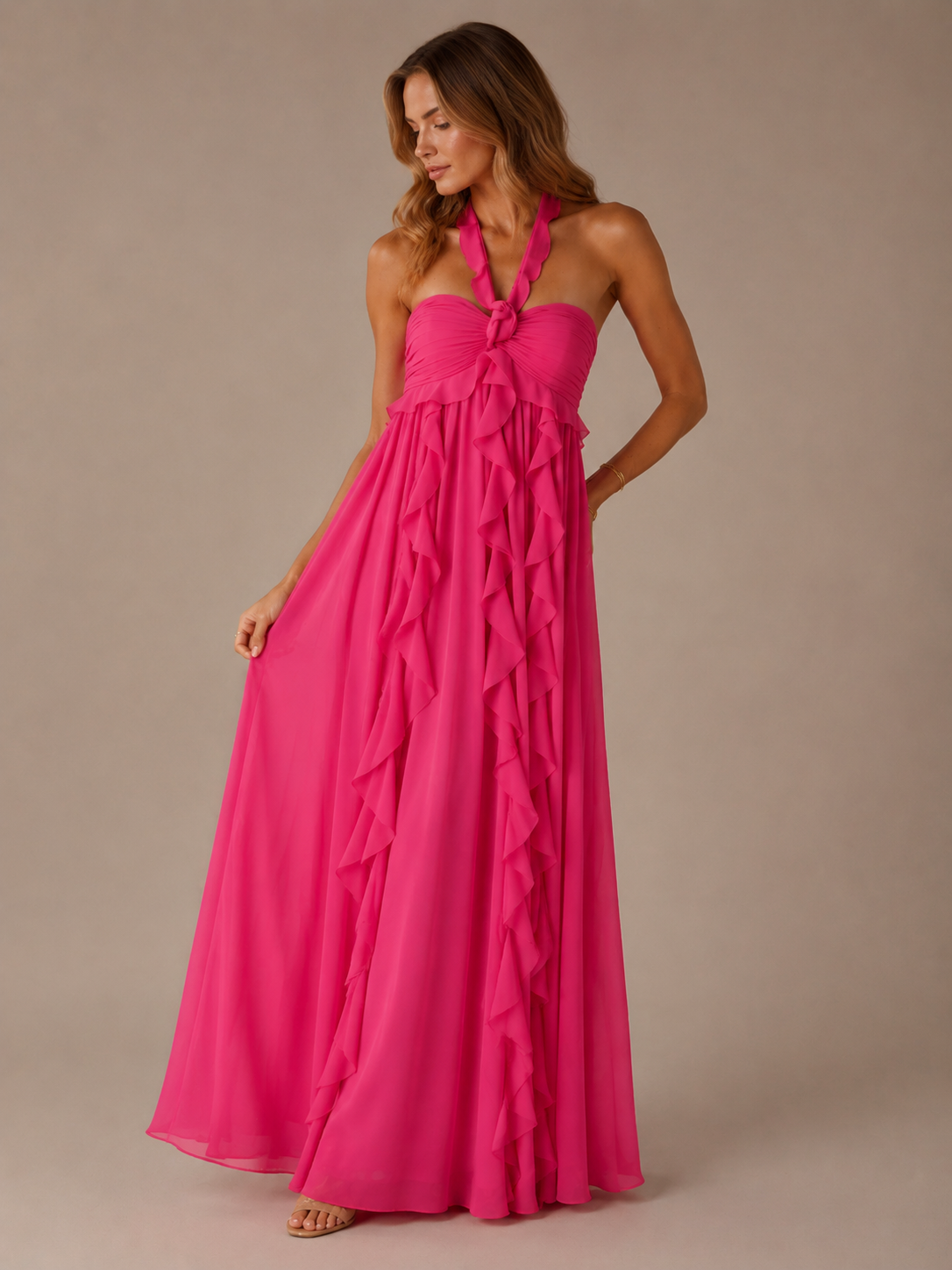 Hot Pink Halter Ruffles Maxi Dress
