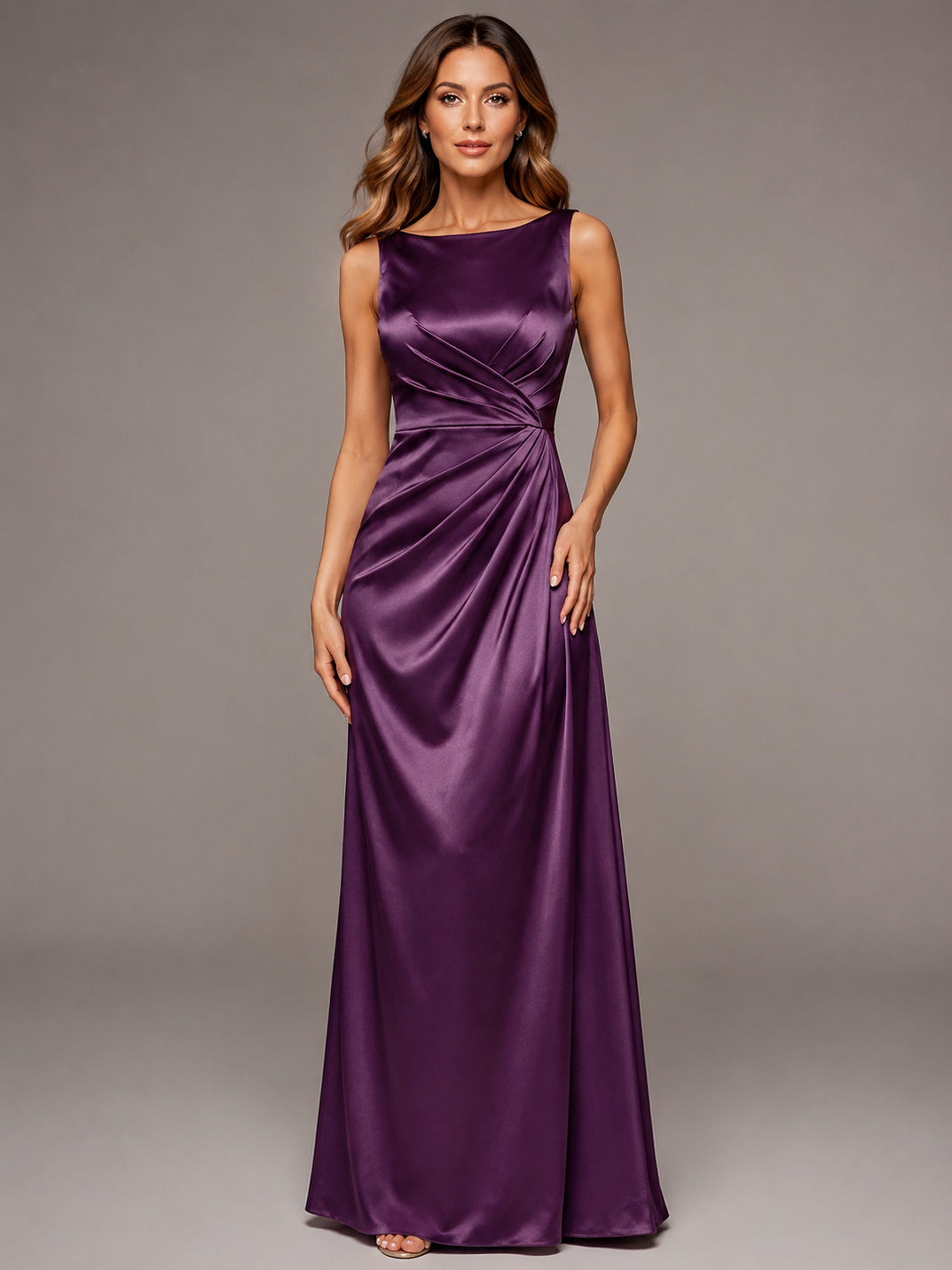 Purple Sleeveless Satin Maxi Dress