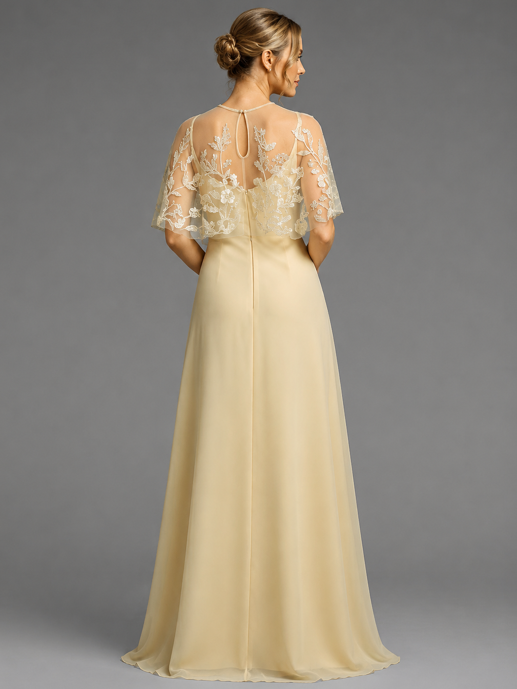 Champagne 2 Pieces Applique Chiffon Maxi Dress