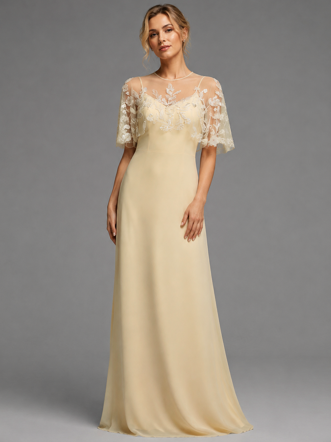 Champagne 2 Pieces Applique Chiffon Maxi Dress