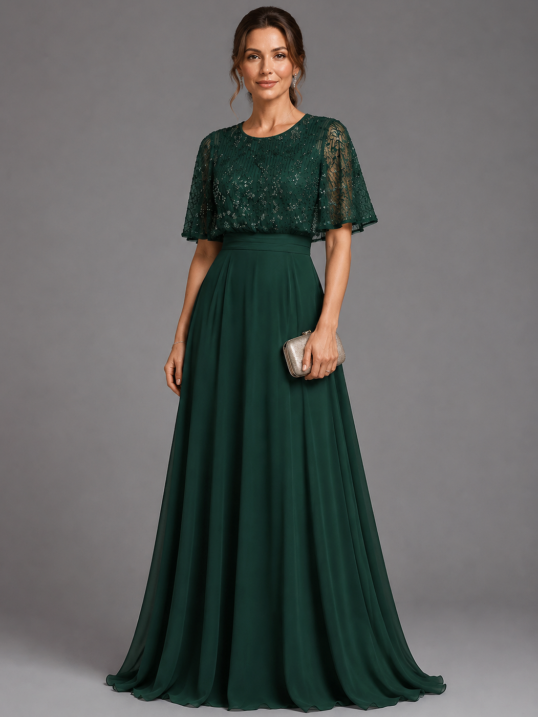 Emerald Green Sequin Chiffon Maxi Dress
