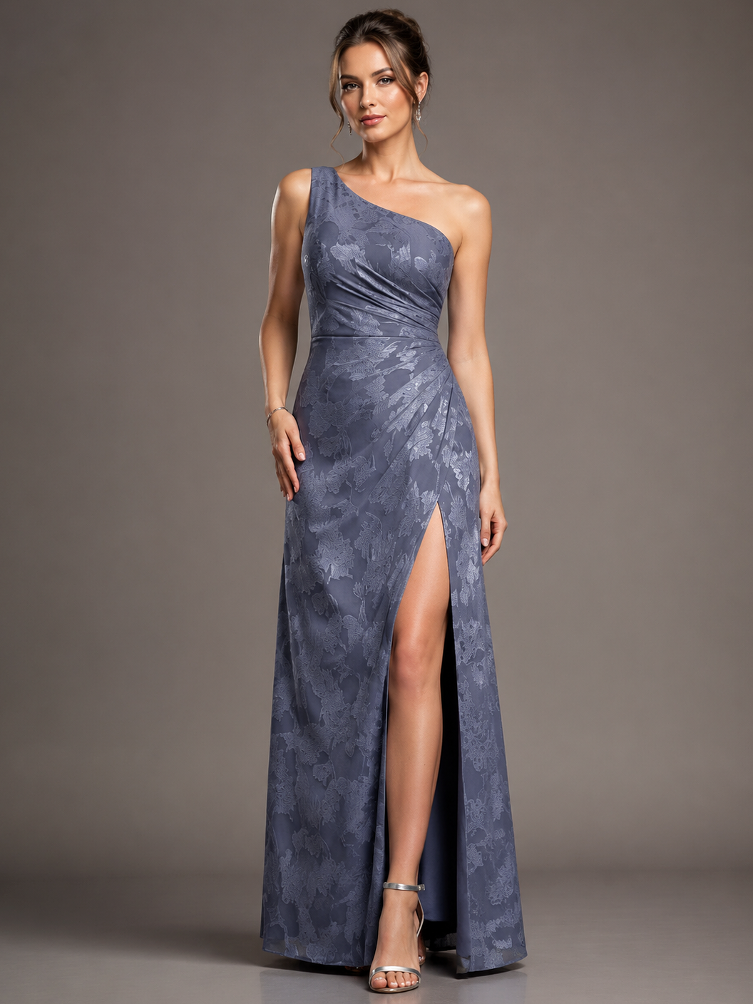Dusty Blue One Shoulder Jacquard Maxi Dress with Slit
