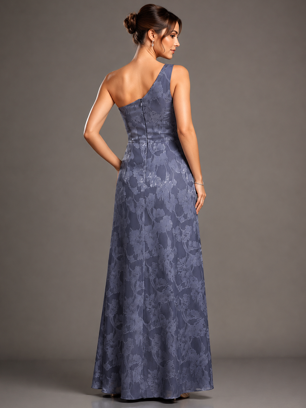 Dusty Blue One Shoulder Jacquard Maxi Dress with Slit